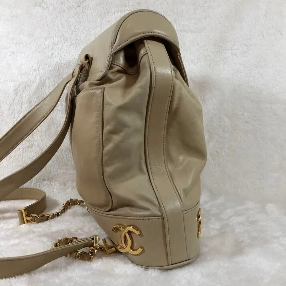 CHANEL CC Vintage Lambskin Beige Gold Backpack Bag Drawstring Chain - Picture 5 of 15